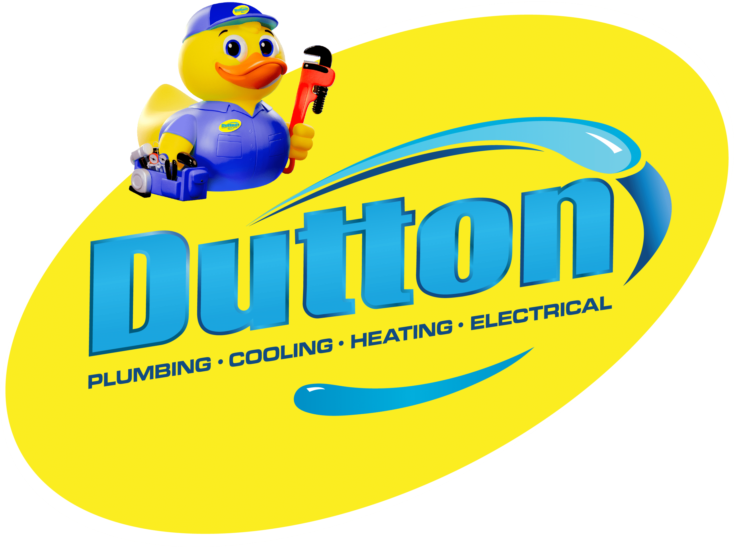 Yellow duck mascot in blue uniform holding a red pipe wrench beside large blue 'Dutton' logo on yellow oval background