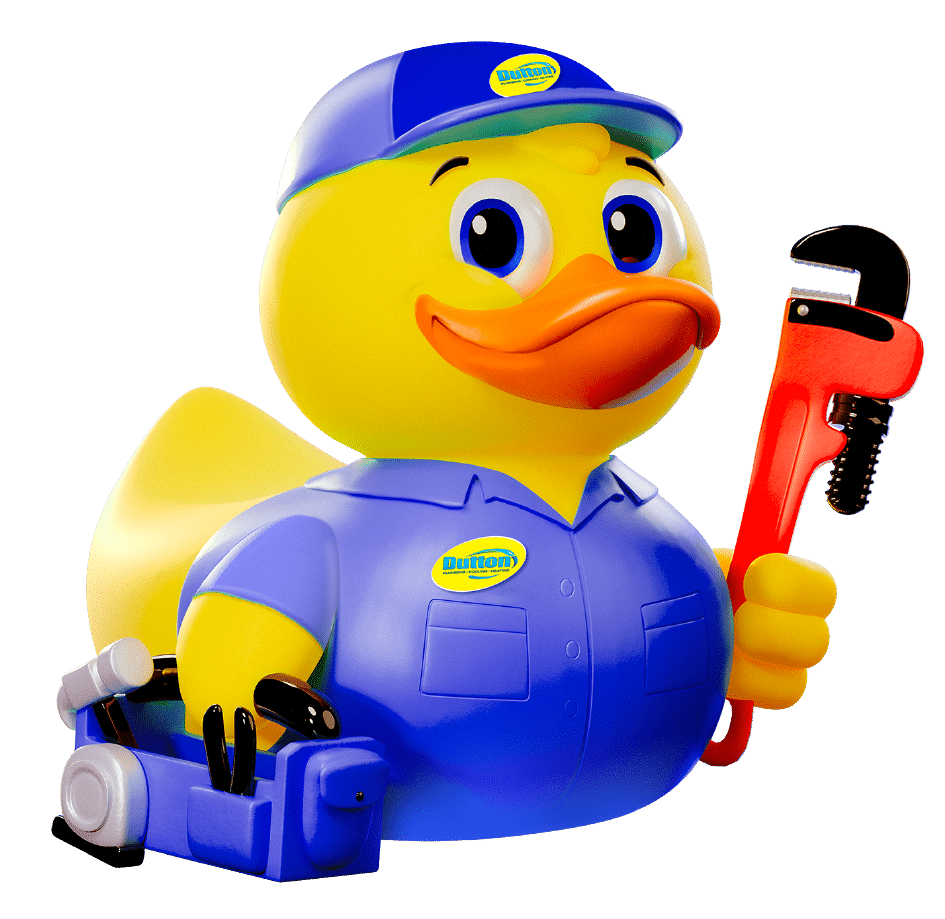 Rubber duck plumber mascot in blue uniform holding red pipe wrench and toolbox