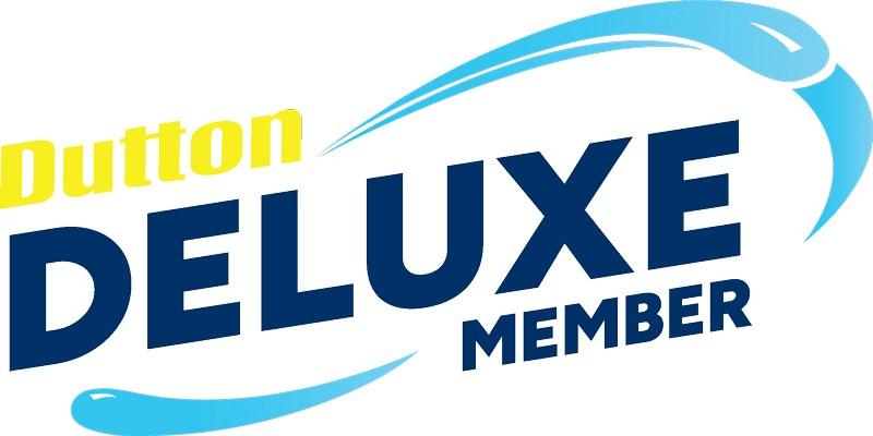 Dutton Deluxe Member logo with bold navy and yellow text and blue water swoosh accents