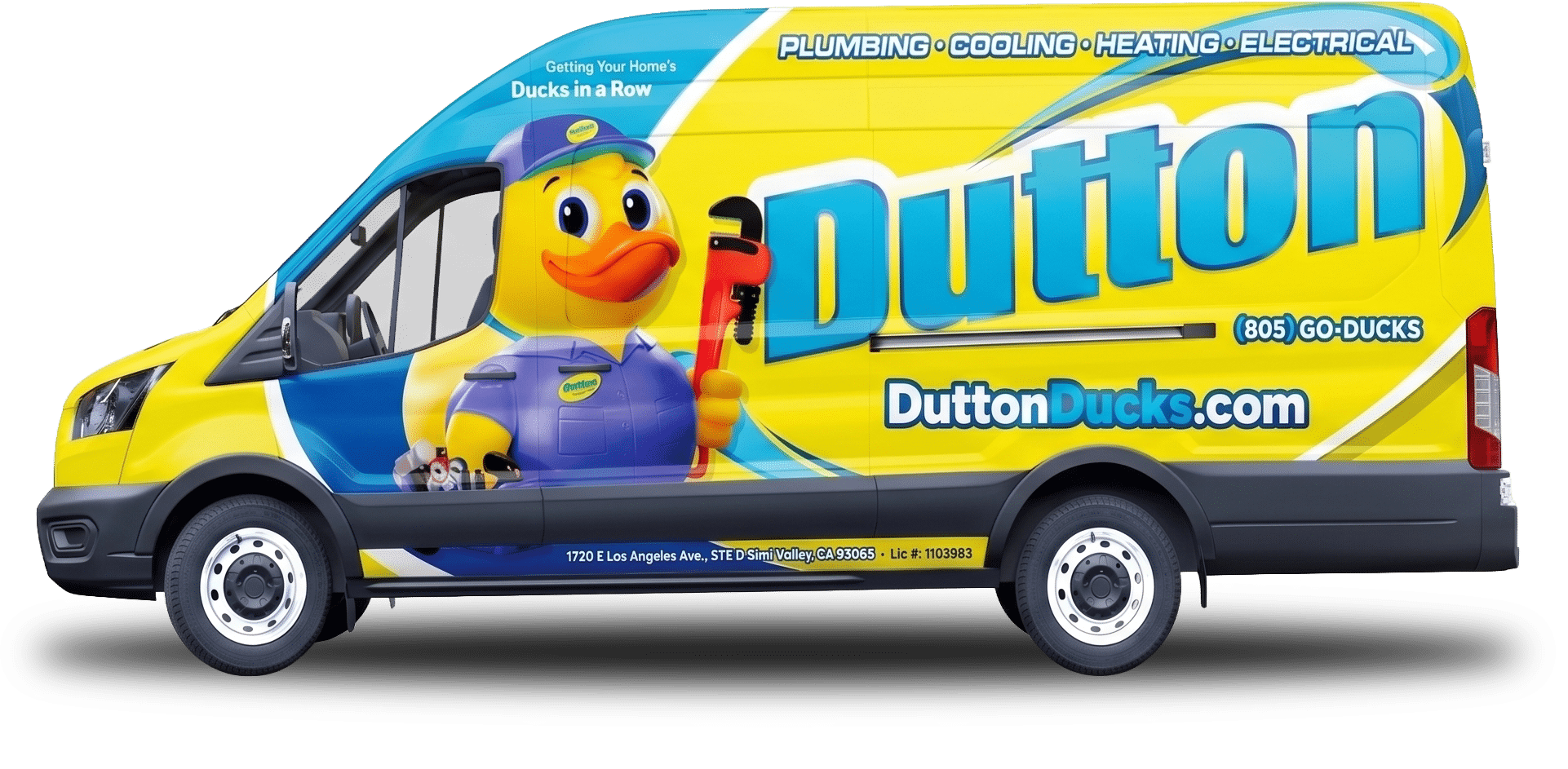 Bright yellow Dutton Ducks service van with large cartoon duck mascot holding a red wrench