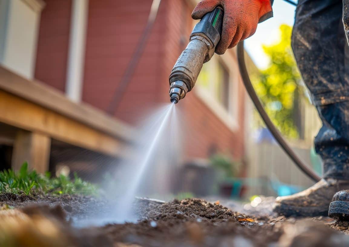 Close-up of a worker using a pressure washer to spray water on soil near a house.