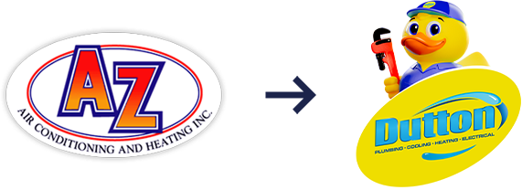 Rebranding from AZ Air Conditioning & Heating logo to Dutton Plumbing cooling & heating logo with duck mascot holding wrench